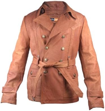 FactoryExtreme Magnido Mens Tan Leather Trench Jacket, X-Large, Brown