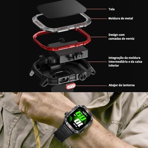 YARUIKE HT29 Relógio Inteligente Esportivo para Homens, Chamada Bluetooth, Bússola e Lanterna LED, Tela IPS 2.01 Polegadas, Compatível com Android e iOS