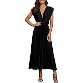 Women's Pleated Maxi Dress Deep V-Neck Sleeveless Backless Tie Solid Elegant Cocktail Wedding Guests Dress