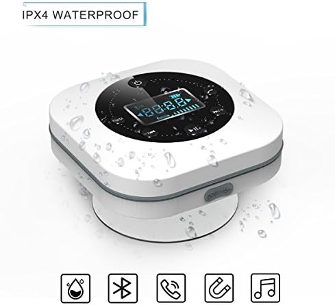 Bluetooth Wireless Waterproof Shower Speaker, VICTORSTAR Speakers S603 with Suction Cup, LCD Display, Built-in Mix, FM Radio, 10 Hours Playing Time, Hands-Free for iPhone, Pool, Beach, Home (White)