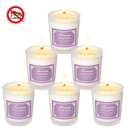 Aromama Pack of 6 Citronella Candles Indoor and Outdoor Scented Natural Soy Wax Glass Candle Gift Set