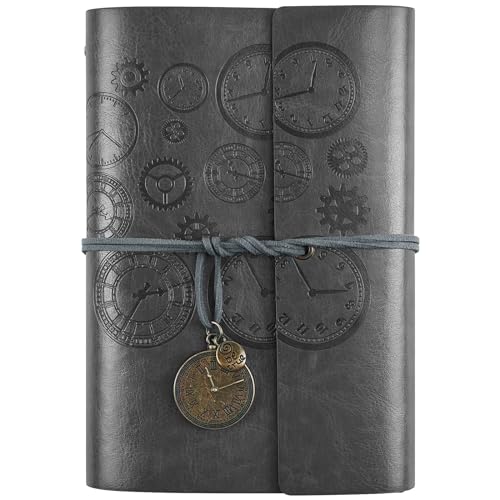 Leather Journal Notebook, Refillable Notebook with Lined Pages Vintage Writing Travelers Notebook Spiral Bound Journal, Gift for Men and Women Classic Embossed Retro Pendants 18 x 13 cm（A6, Gray)