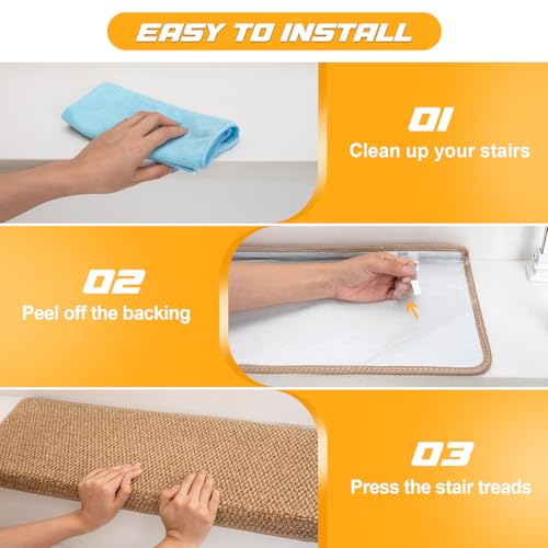 Hopeviva Bullnose Carpet Sisal Stair Treads | Set of 14 | Stair Treads for Wooden Steps Indoor Anti Slip Braided Staircase Protector Pet Friendly Rugs Covers Washable 9.44" X 29.5"x 1.9",Golden | Set of 14 Anti Slip Indoor Staircase Protector Rugs Covers, Polypropylene Braided Carpet Treads 9.44" x 29.5"x 1.9", Golden