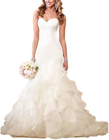 Beautyfudre Women's Sweetheart Backless Tiered Ruffles Mermaid Wedding Dress for Bride Ivory US4