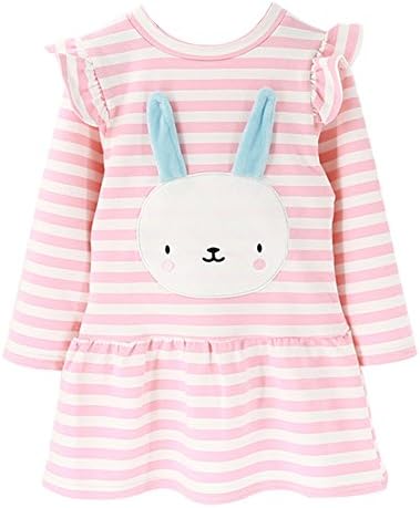 Cute Toddler Girl Floral Print Bunny Stripe Dress, Adorable Kids Sweet Shirt Top and Skirt Patchwork Dress