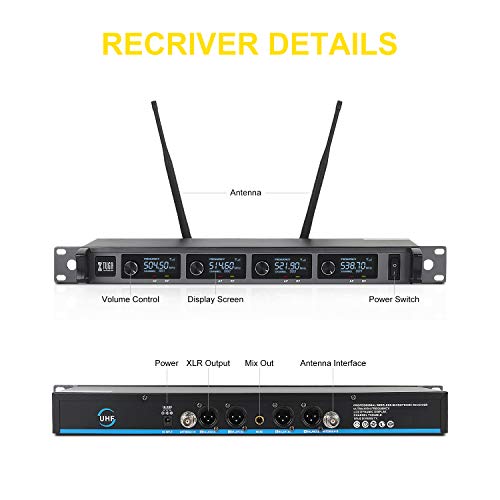 XTUGA Professional Wireless Microphone, Karaoke Microphone UHF 4 Channel Wireless Microphone System, All-Metal Construction, Fixed Frequency A140