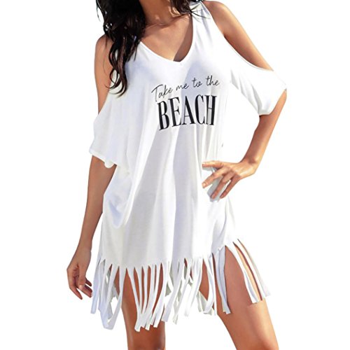 Gillberry Womens Tassel Letters Print Baggy Swimwear Bikini Cover-UPS Beach Dress (B, L)
