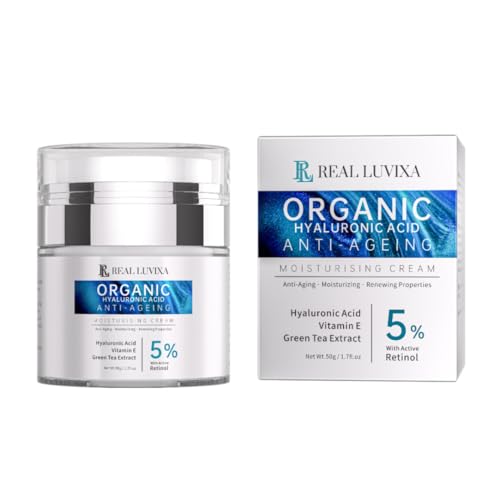 Acide hyaluronique 100 % bio avec 5 % de rétinol actif pour le visage, extrait de thé vert, huile de jojoba, huile de beurre de karité et vitamine E, C - 50 ml - Crème hydratante anti-rides et