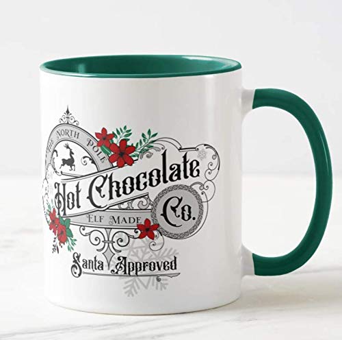 Vixar The North Pole Hot Chocolate Co. Christmas Coloured Mug Cup Novelty Office Birthday Christmas Coffee Gift Tea Present (Dark Green)