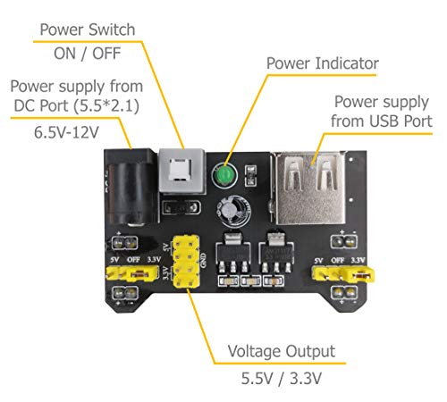 Excelity 3pcs 3.3V/5V Power Supply Module for MB102 Breadboard Arduino Kit with USB to 5.5 2.1mm Cord - Thumbnail 4