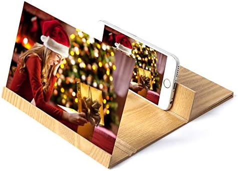 Iusun Screen Magnifier 3D HD Stereoscopic Phone Screen Enlarger Cellphone Movies Video Amplifier with Foldable Holder Stand 12 Inch Desktop Wood Bracket for All Smartphone