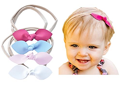 Rabbit Ears Faux Leather Bow - Soft & Stretchy Headband for Baby, Toddler, Girls, Set of 4 (Nautical)