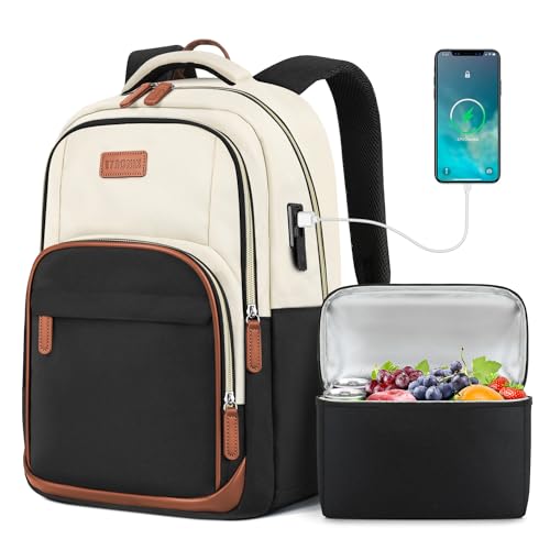 ETRONIK Lunch Backpack, Laptop Backpack with Insulated Cooler Lunch Box for Travel, 15.6 Inch Laptop Backpack with USB A & C Port, Water Resistant Work Computer Bag for Women Men, Beige-Black-Brown