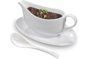 Qlans Gravy Boat With Ladle and Saucer 17 Oz,Ceramic Sauce Boat with Tray for Salad Dressings Milk,Warming Sauces,Creamer,Broth,Black Pepper,White (1 PCS New Gravy Boat With Ladle and Saucer)
