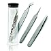 Tweezers for Eyelash Extensions - Set of 3 - Strong Grip, Stainless Steel, Tube Case. Needlepoint for Ingrown Hair, Eyebrow Shaping, Extractions. Great for Tiny Electronic Components