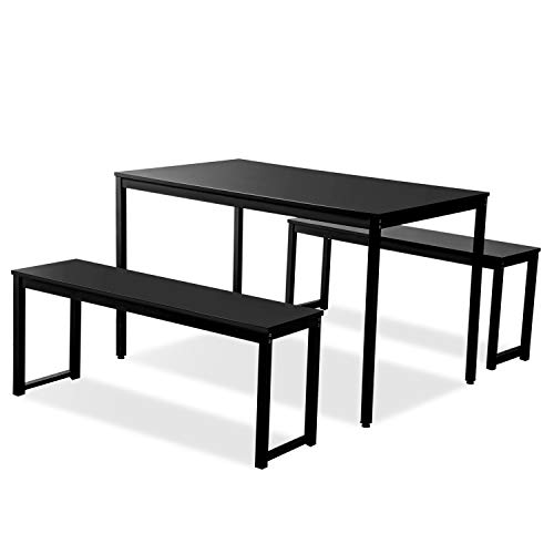 Dining Room Table Set, 3 Pieces Farmhouse Kitchen Table Set with Two Benches, Metal Frame and MDF Board, Modern Furniture for Home, Cafeteria, Apartment and Farm House (Black) - Thumbnail 3