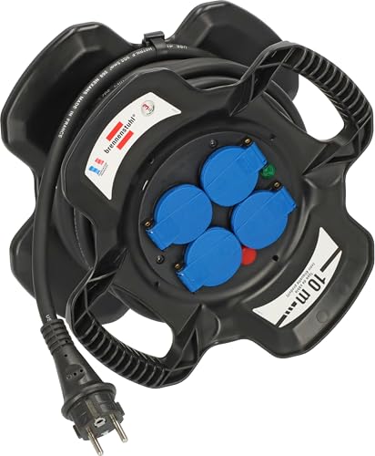 Brennenstuhl X-GUM - Carrete de cable electrico compacto (4 enchufes electricos (10 m H07RN-F 3G2,5, fabricado en Francia)