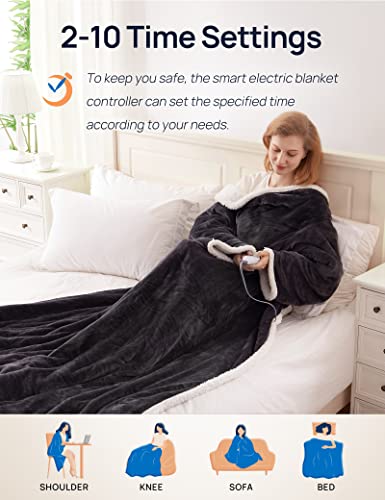 Westinghouse Wearable Heated Blanket with Foot Pocket, Electric Snuggle Throw with Sleeves, Flannel to Sherpa Reversible, 6 Heating Levels & 2-10 Hours Heating Time Settings, 50 * 70"+18", Grey