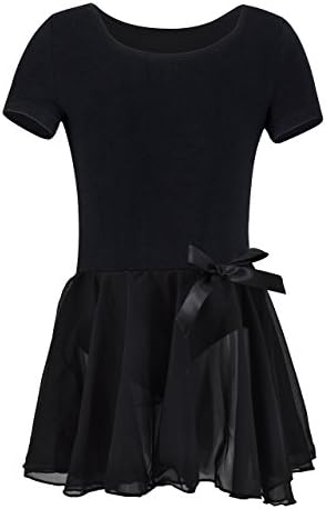 YEEIC Girls Short Sleeve Leotard with Skirt Kids Dance Ballet Tutu Dresses (Black, 10-12)