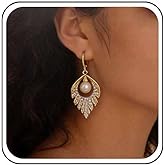 Yheakne Boho Crystal Leaf Pearl Earrings Tiny Pearl Dangle Earrings Gold Cz Leaf Drop Earrings Rhinestone Pearls Huggie Hoop earrings Jewelry for Women