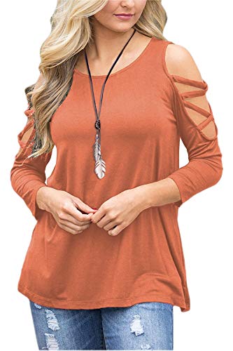 LUOUSE Women's Hollowed Out Shoulder 3/4 Long Sleeve Casual Tunic Blouse Loose T-Shirts Tops Orange