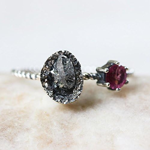 Oval Rough diamond ring in silver bezel setting and round faceted pink tourmaline on the side with sterling silver twist design band
