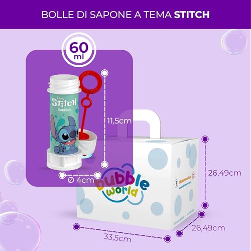 Bubble World Stitch Soap Bubbles for Children Ideal as a Gadget Birthday Children White Tubes with Integrated Red Blower Pack of 12 60 ml Made in Italy