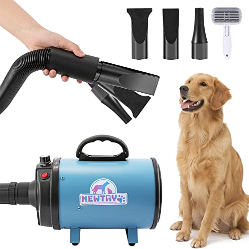 NEWTRY ペットドライヤー 犬用 ペット用 ドライヤー ブロワー 送風機 無段階速度制御 3つのノズル付き ブラシ付き 風速、温度調整可能 大風量 騒音低減 100V 50Hz/60Hz 650-1800W(ブルー)