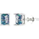 14K White Gold Plated 925 Sterling Silver Push back Dainty Stud Earrings for Women - 1 cttw Emerald Cut Blue Moissanite