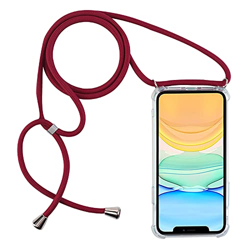 PuYu Zhe Compatible With iPhone 12 Pro Max Case,Clear Transparent TPU Silicone Shell,Crossbody Slim Stylish Shockproof Cover,Adjustable Neck Cord Lanyard-Jujube Red