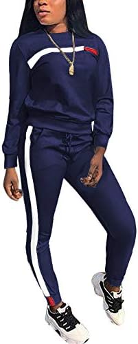 Women’s 2 Piece Outfits - Stripe Patchwork Sweatsuits Long Sleeve Pullover Sweatshirt Skinny Long Pants Tracksuit Set