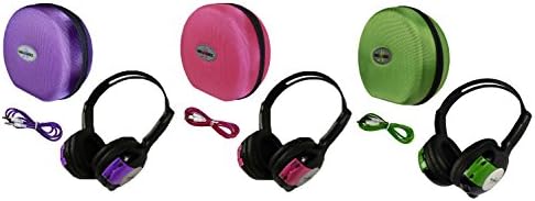 3 Pack Kid Sized Wireless Infrared Universal Car DVD IR Automotive Colored Adjustable 2 Channel Headphones With Case and 3.5mm Auxiliary Cord