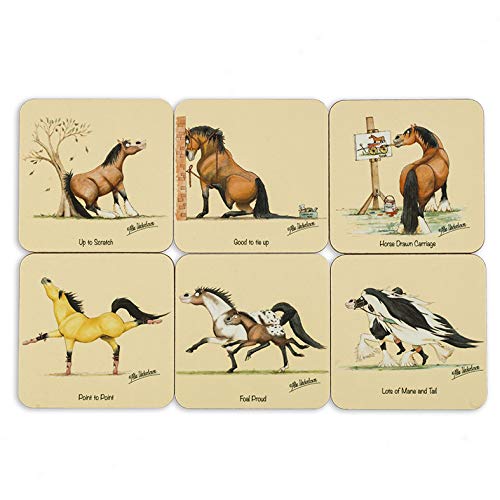 Horse and Pony Drinks Coasters by Alex Underdown | Perfect for Riding Enthusiasts of all ages | Pack of 6 assorted cartoon designs | Tough Wood and Melamine composit with Cork Backs