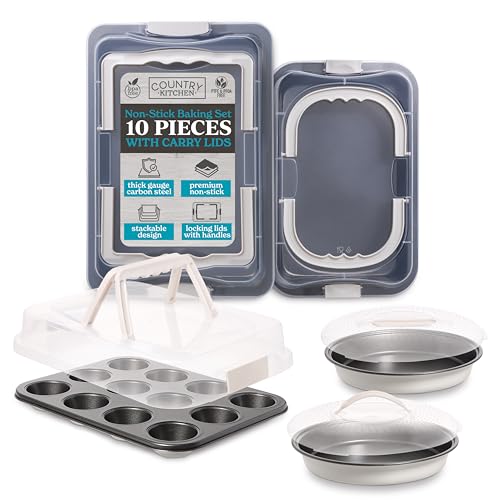 Country Kitchen Baking Pans Set - 10 Piece Non-Stick Cake Pans with Carry Lids for Easy Storage & Travel, Perfect for Parties - Stackable, Cream