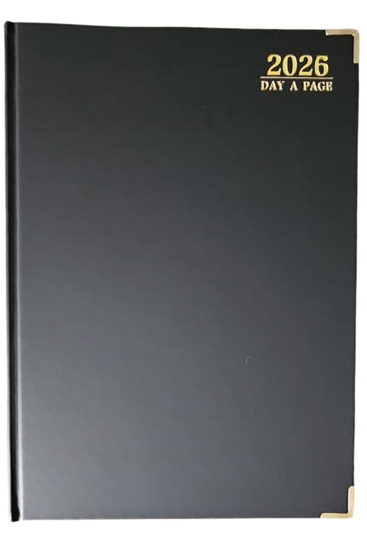 EJRange 2026 A4 Day Per Page Diary – Half-Hourly Appointment Book with Times, Day-to-View Planner, PU Leather Padded Hardback, Ribbon Marker – Black & Gold