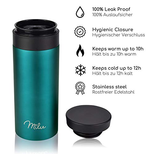 Milu Edelstahl Thermobecher to go - 350ml, 450ml - 100% Auslaufsicher â Trinkbecher, Teeflasche Thermosflasche Autobecher doppelwand Isolierung - 360°-Trinköffnung (Grün, 350ml) – Bild 3
