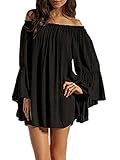 ZANZEA Women's Sexy Off Shoulder Chiffon Boho Ruffle Sleeve Blouse Mini Dress Black , Black, US 6-8/Asian Medium