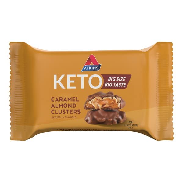 ATKINS CARAMEL ALMOND CLUSTERS, GLUTEN FREE, HIGH IN FIBER, 1G SUGAR, 2G NET CARB, KETO FRIENDLY, 20 COUNT