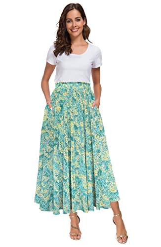 Afibi Women High Waist Floral Print Swing Chiffon Beach Midi Long Skirt with Pockets (Large, Green Yellow) at Amazon
