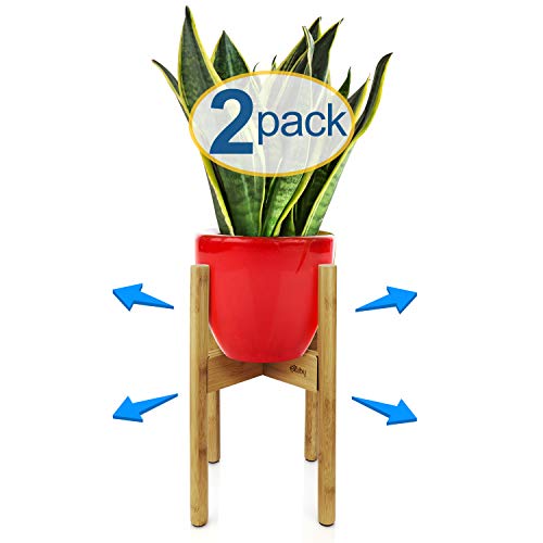 eXuby - 2-Pack Adjustable Wooden Plant Stands Indoor & Outdoor - Bamboo Construction in Mid-Century Design - Fits Pots 8.5" to 11.5" Wide - Adjustable Height - 4 Floor Protectors - Pot Not Included - Thumbnail 7
