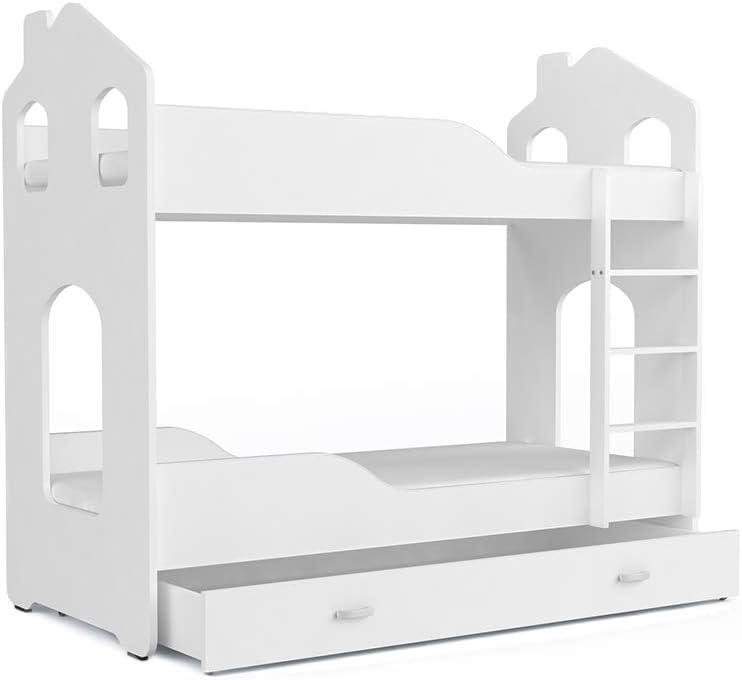 FurnitureByJDM Quality Bunk Bed for Kids - DOMINIC - With Mattresses and Storage Drawer. (White/White, Dominic - House)