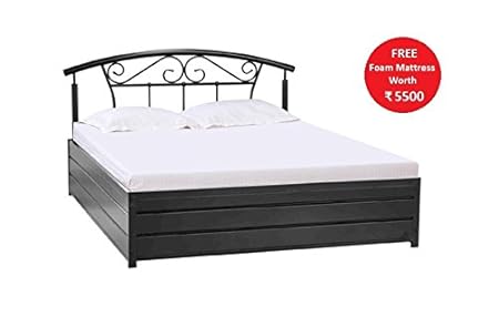 Swastik Furniture Queen Size Metal Bed Hydraulic with Storage in Black Finish with Free Foam Mattress