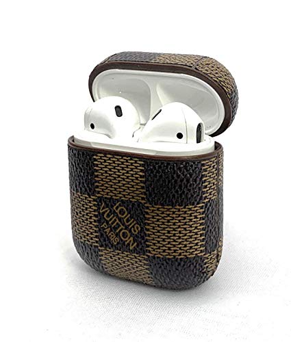 GadgetBros New Luxury High End Stylish Fashion Designer Leather Full Protection Shockproof Case Cover for Airpood Wireless Headphones, with Carabiner/Keychain Accessories (Brown)