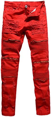 COLINNA Men's Vintage Distressed Ripped Biker Moto Denim Pants Slim Fit Zipper Jeans
