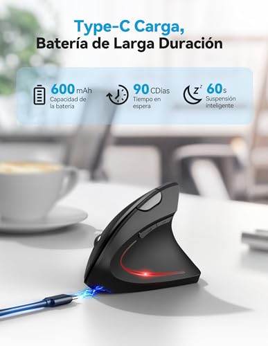 TECKNET Ergonomic Bluetooth Mouse, Rechargeable Wireless Vertical Mouse (BT 5.0/3.0 + 2.4G), 6 Levels of Adjustment up to 4800 dpi, Silent Optical Wireless Mouse for Windows, Mac, Laptop