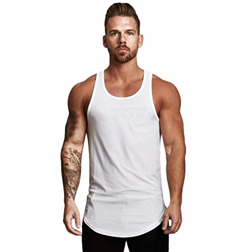 Sleeveless A-Shirts Men's Racerback Tank Tops Undershirts Gym Workout Thin Breathable Training Y-Back Musle Shirt (White, M)