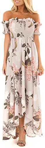 YIBU Apparel Womens Summer Short Sleeve Floral Off Shoulder Maxi Chiffon Dress with Layered Front Beige Large