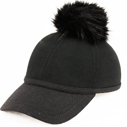 Fuax Fur Pom Pom Wool Felt Baseball Cap /100%wool (BLACK)
