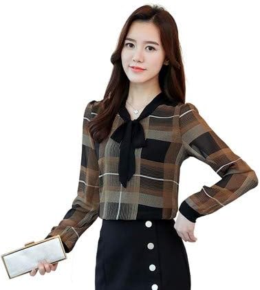 Amazon レディース リクルートスーツ インナー 2色 チェックシャツ ボウタイ 薄手 シフォンシャツ ブラウス リボン とろみシャツ 長袖 ビジネス 秋 着痩せ 通勤ol シャツ ブラウス 通販