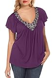 Nemidor Women's Short Flutter Sleeves Beaded Embelished Plus Size Casual V-Neck Top (24W, Purple)